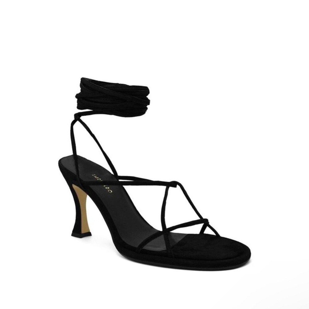 Ilio Smeraldo Black Suede Strappy Lace Up Ankle Wrap Flared Heel Sandals Size 40